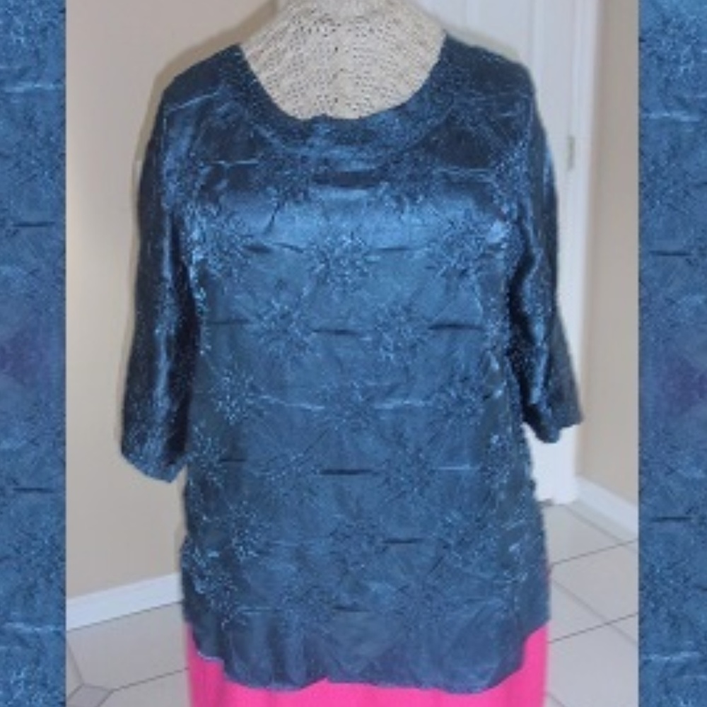 Shiny Teal-Blue Heat-Shrink Crinkle Blouse